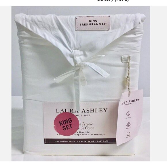 Laura Ashley King Size WHITE Sheet Set 100% Cotton PercaleSnow White